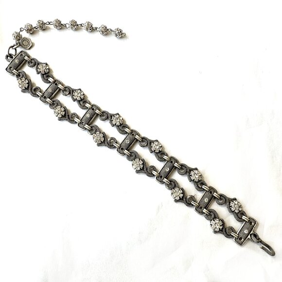 Vintage 80s 90s Clara Studios Sparkling Crystal & Pewter Choker Necklace - Mint! - Picture 1 of 6